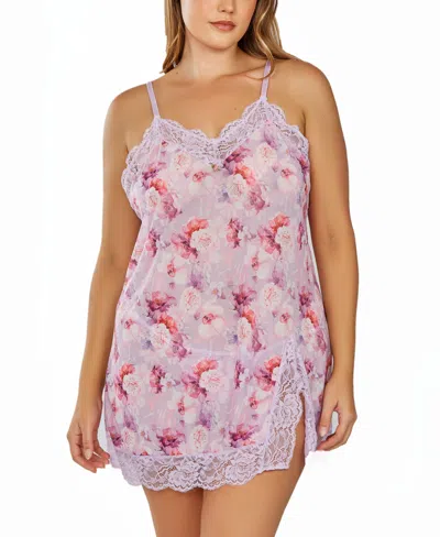 Icollection Plus Size 1pc. Brushed Floral Chemise Nightgown In Purple