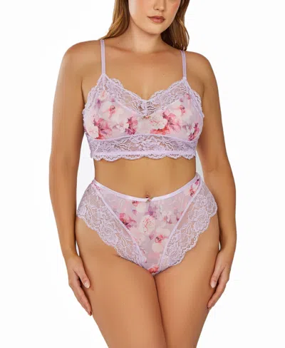 Icollection Plus Size 2pc. Brushed Lingerie Set Trimmed In Elegant Soft Lace In Purple