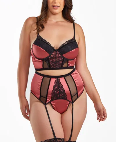 Icollection Plus Size 3pc Underwire Padded Bra, Garter Skirt And Thong Satin Lingerie Set In Medium Pin