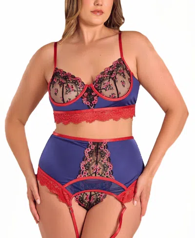 Icollection Plus Size Gypsy Lace 3pc Bralette Garter Lingerie Set In Multi