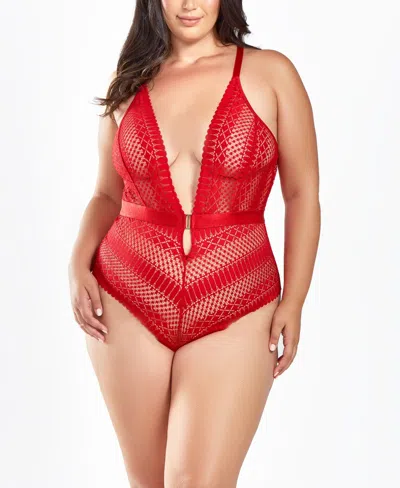 Icollection Plus Size Halter Lace Bodysuit With Open Back Lingerie In Red