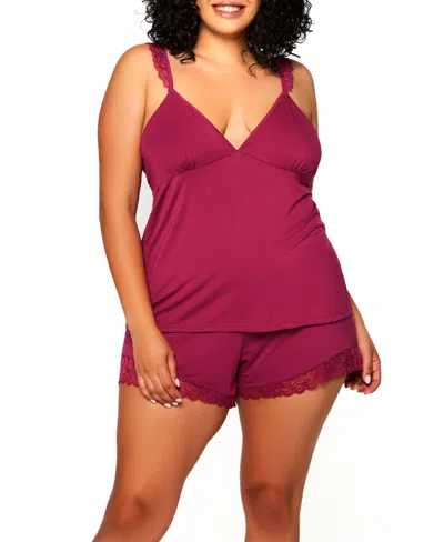 Icollection Plus Size Josie Modal Cami Short Set Trimmed In Lace, 2pc Set In Pink