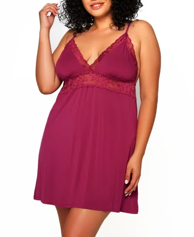 Icollection Plus Size Josie Modal Chemise Trimmed In Elegant Tonal Lace Lingerie In Burgundy
