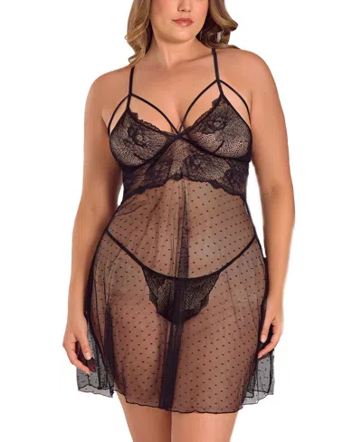 Icollection Plus Size Lace And Dotted Mesh Babydoll Lingerie Set In Black