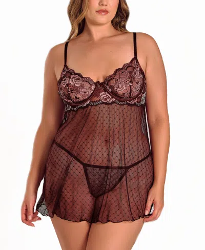 Icollection Plus Size Lace And Dotted Mesh Babydoll Lingerie Set In Burgundy