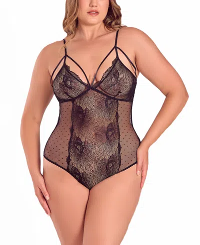 Icollection Plus Size Lace And Dotted Mesh Bodysuit Lingerie In Black