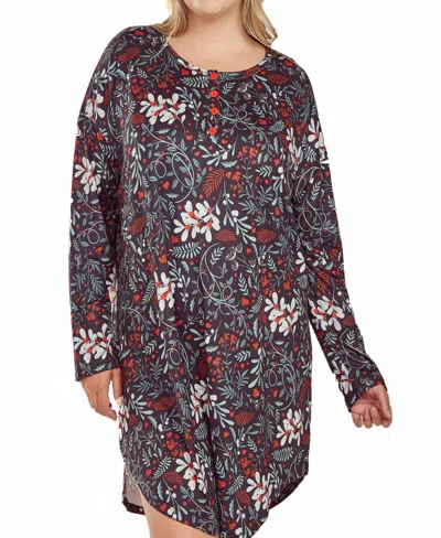 Icollection Plus Size Short Sleeve Ultra Soft Floral Print Sleepshirt Nightgown In Black