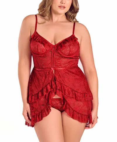 Icollection Plus Size Multi Ruffled Lace Babydoll Lingerie Set In Red