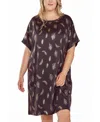 Icollection Plus Size Silky Pocket Shift Sleepshirt Nightgown In Feather Print In Black