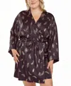 Icollection Plus Size Silky Self Tie Robe In Feather Print In Black