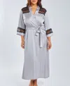 Icollection Plus Size Silky Stretch Satin Long Robe With Lace Trims In Multi