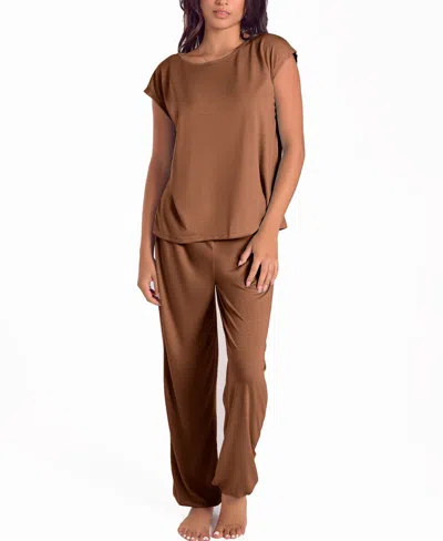 Icollection Plus Size Soft Breathable Pajama Set With Cap-sleeve Top And Jog Pants In Brown