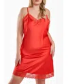 Icollection Plus Size Ultra Soft Satin And Lace Chemise In Red