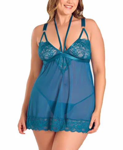 Icollection Plus Size Wide Strap Mixed Lace Babydoll Lingerie Set In Blue