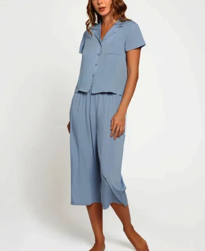 Icollection Short Sleeve Shirt & Wide-leg Pants Pajama Set In Blue