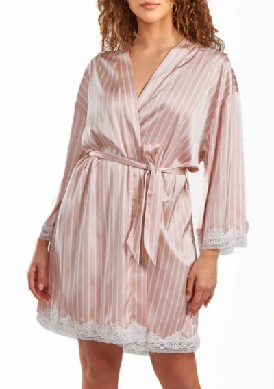 Icollection Silky Satin Stripe Lace Robe Mid-thigh Length In Animal Print