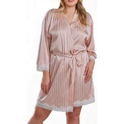Icollection Silky Satin Stripe Lace Robe Mid-thigh Length In Pink