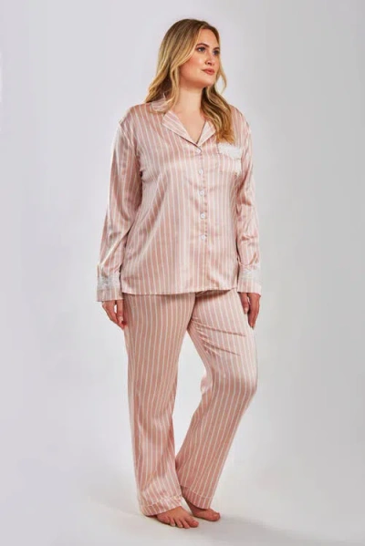 Icollection Stretch Satin Button-down Pant Set With Lace Trim In Pink