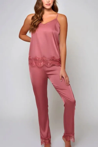 Icollection Stretch Satin Lace-trim Pajama Set In Pink