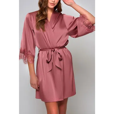 Icollection Stretch Satin Lace-trim Robe In Pink