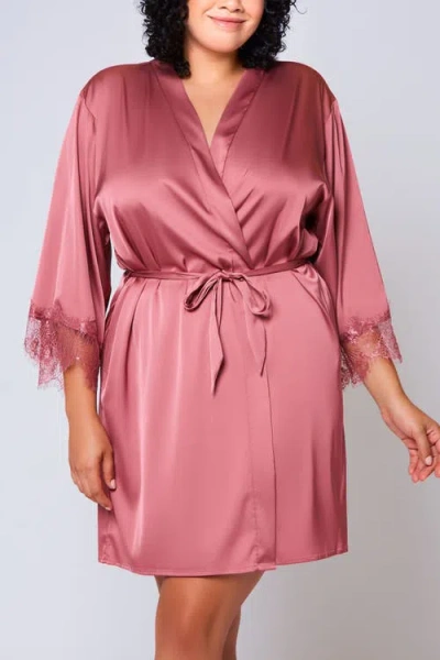 Icollection Stretch Satin Lace-trim Robe In Pink