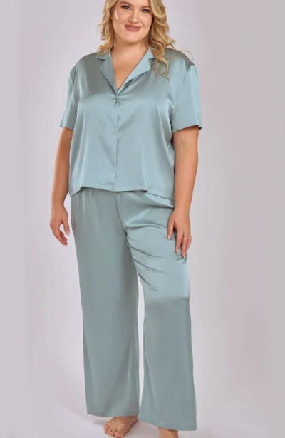 Icollection Stretch Satin Pajama Set With Button-down Top In Green