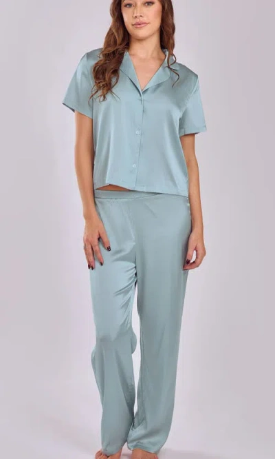 Icollection Stretch Satin Pajama Set With Button-down Top In Green
