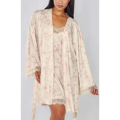 Icollection Toile Print Lace-trim Brushed Knit Robe In Ivory