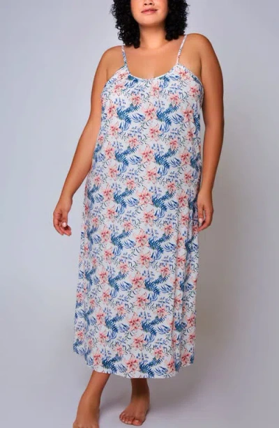 Icollection Tropical Floral Printed Long Nightgown In Blue
