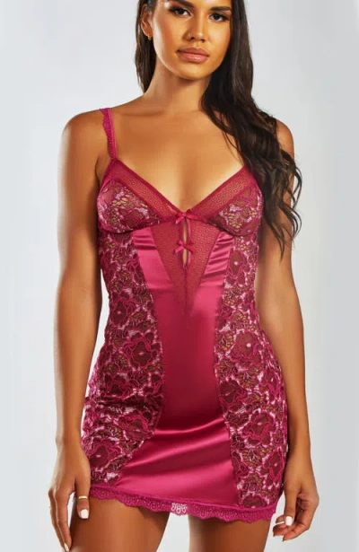 Icollection Two-toned Lace & Satin Chemise Set In Burgundy