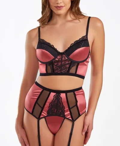 Icollection Woman's 3pc Underwire Padded Bra, Garter Skirt And Thong Satin Lingerie Set In Mauve,black