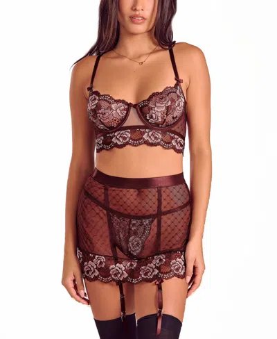Icollection Womans French Lace 3 Pc Bra, Skirt And Panty Lingerie Set In Burgundy