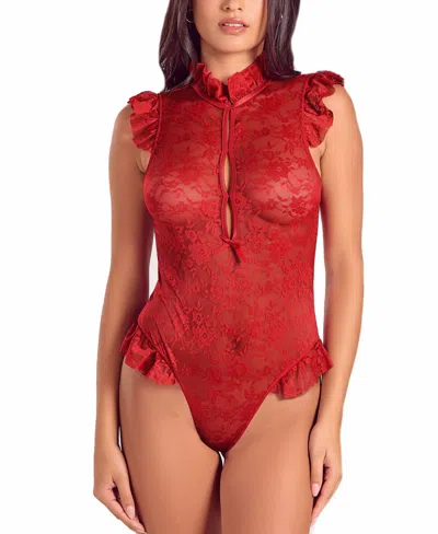 Icollection Womans Lace Ruffle Mock Neck Bodysuit Lingerie In Red
