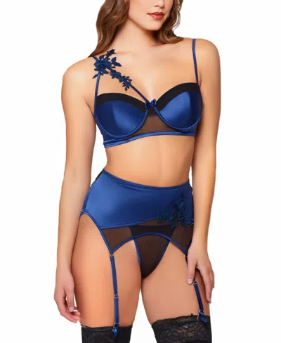 Icollection Women's 3 Piece Asymmetric Bralette, Garter Belt And Panty Lingerie Set