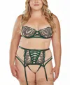 Icollection Women's 3-piece Embroidered Bra, Panty And Garter Skirt Lingerie Set In Green