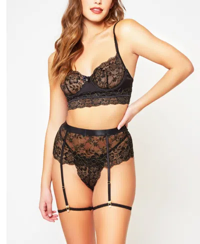 Icollection Women's 3 Piece Lace Bralette, Garter Belt And Panty Lingerie Set In Black