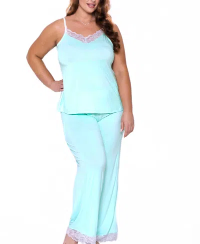 Icollection Women's Alluring Knit Ultra Soft Contrast Lace Cami Pant Set In Blue
