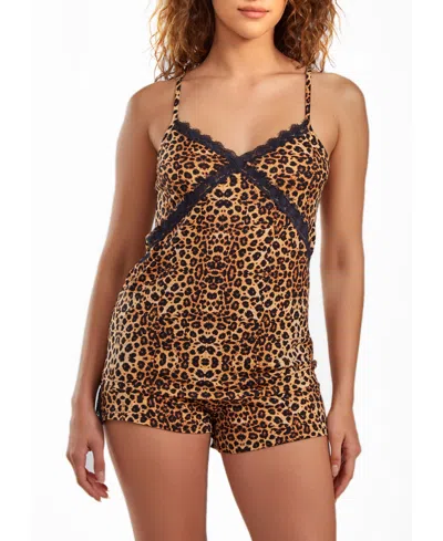 Icollection Women's Chiya Leopard Pajama Short Set Trimmed In Lace, 2 Piece