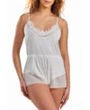 Icollection Women's Fallen Lace Ultra Soft Romper Trimmed In Sheer Mesh In White