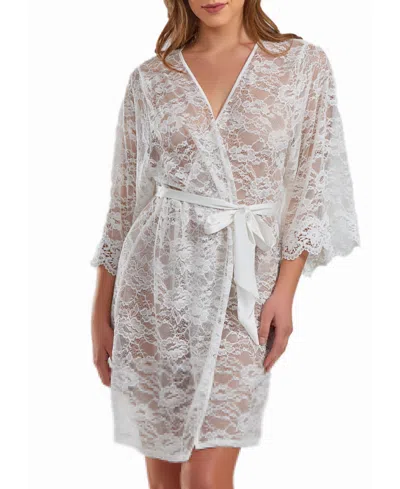Icollection Jasmine Plus Size Soft Sheer Lace Robe With Self Tie Satin Sash In White