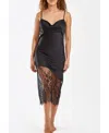 Icollection Women's Jeanie Satin Gown With Front Drape And Floral Eyelash Lace Contrast In Black