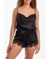 Icollection Women's Jeanie Satin Romper With Front Drape And Floral Eyelash Lace Trim In Black