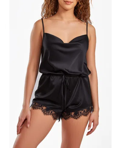 Icollection Women's Jeanie Satin Romper With Front Drape And Floral Eyelash Lace Trim In Black