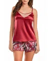 Icollection Women's Jenna Contrast Satin Tank And Floral Short Set, 2 Piece In Burgundy