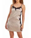 Icollection Kareen Dotted Plus Size Satin Chemise Adorned In Front And Side Lace In Beige