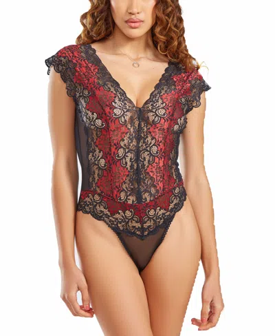 Icollection Women's Lace Mesh Panel Bodysuit In Black