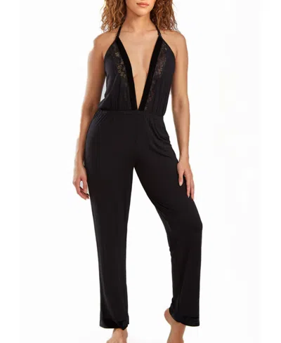 Icollection Women's Layna Velore And Velvet-textured Lace Trimmed Plung Jumper In Black