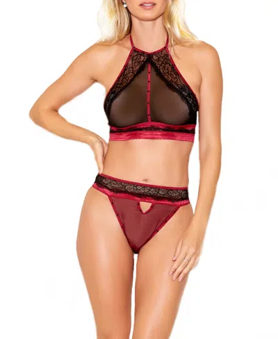 Icollection Women's Phoenix Mesh & Floral Halter And Panty Trimmed In Sequins 2pc Lingerie Set In Multi