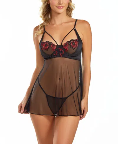 Icollection Women's Red Floral Embroidered Lingerie, 2-piece Set In Red,black