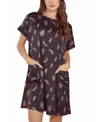 Icollection Plus Size Silky Pocket Shift Sleepshirt Nightgown In Feather Print In Black